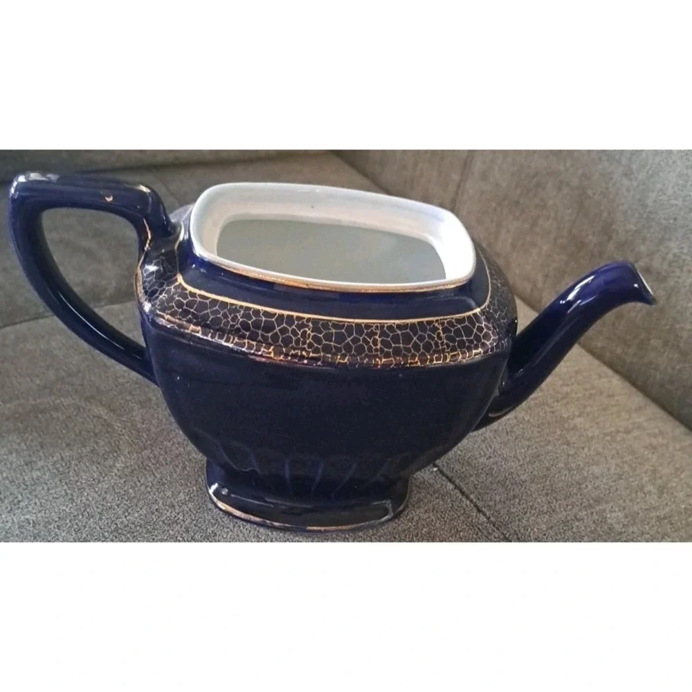 Vtg Hollywood Hall Teapot Cobalt Blue 24KT Gold Plated #103 6 Cup Missing Lid